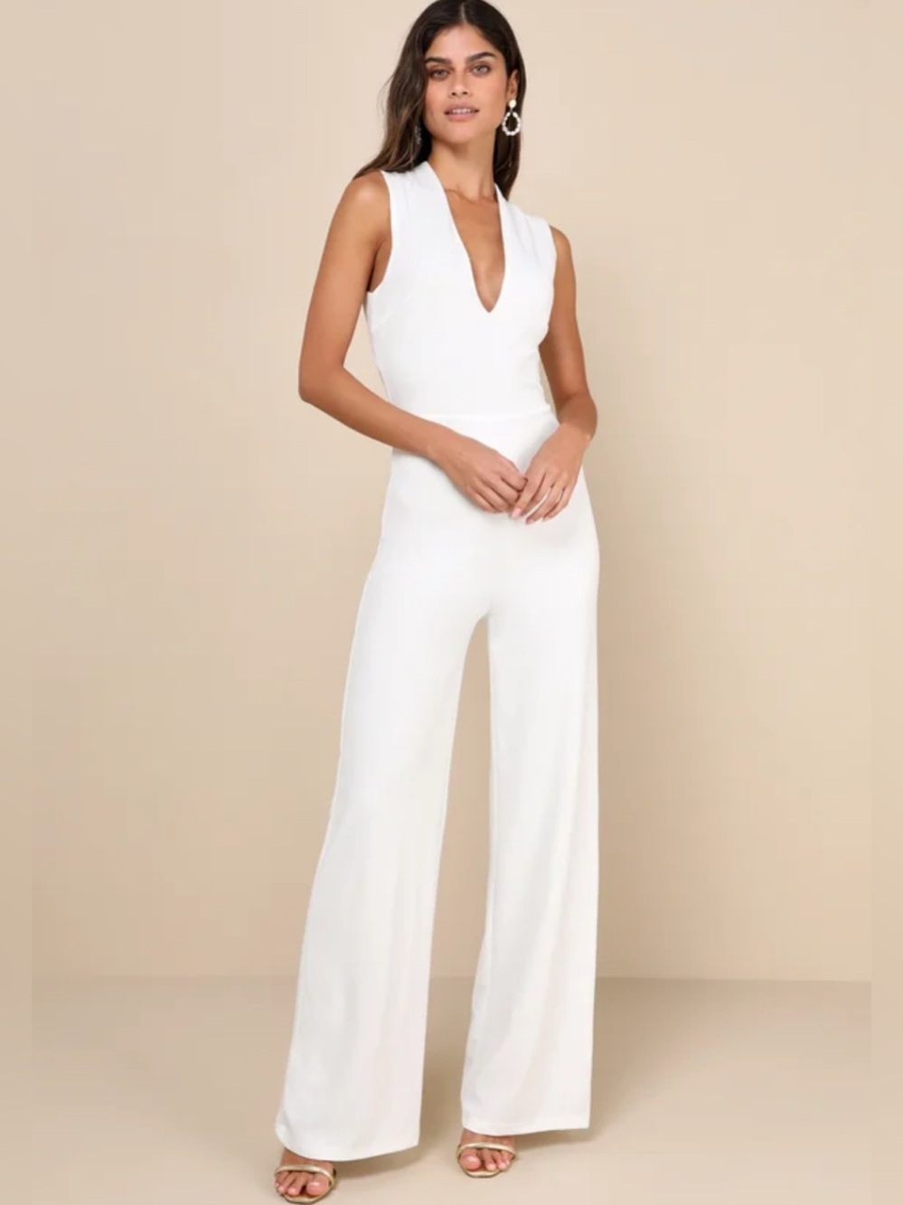 Lulu's White Sleeveless V-Neck Wide-Leg Jumpsuit